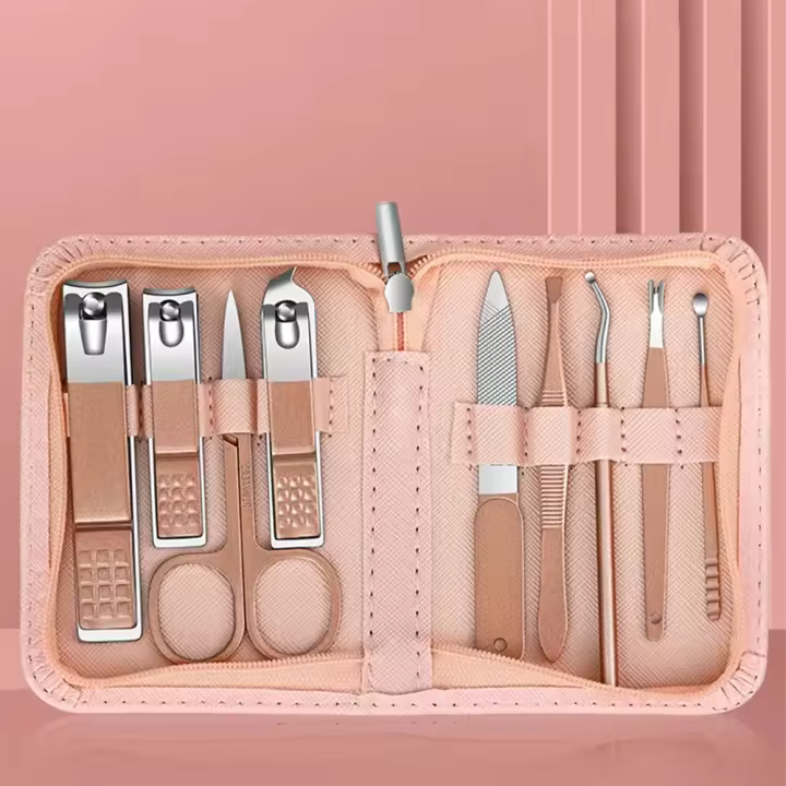 Juego de manicura profesional de 9 Uds., cortaúñas de acero inoxidable de oro rosa, juego completo de herramientas de tijeras para pies con Estuche De Viaje - 1