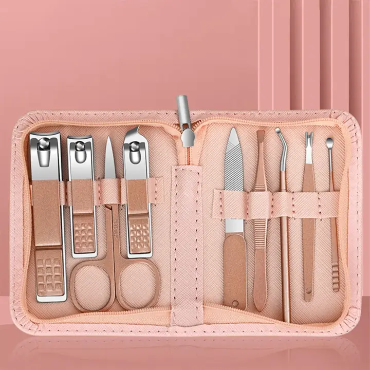 Juego de manicura profesional de 9 Uds., cortaúñas de acero inoxidable de oro rosa, juego completo de herramientas de tijeras para pies con Estuche De Viaje - 1