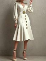 Elegante Vestido de Cena Formal con Botones UOOZEE 2025 Estilo Pleado con Cuello en V Moda de Mujer - details 1