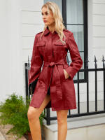 Gabardina cortavientos de piel sintética para mujer, chaquetas con cinturón, abrigo largo medio - details 10