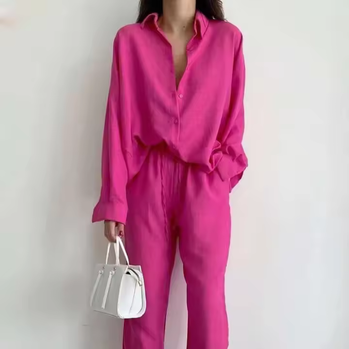 Conjunto de dos pantalones largos con mangas para mujer, camisa holgada con bolsillo, traje informal, conjunto de 2 piezas, ropa Vintage - 1