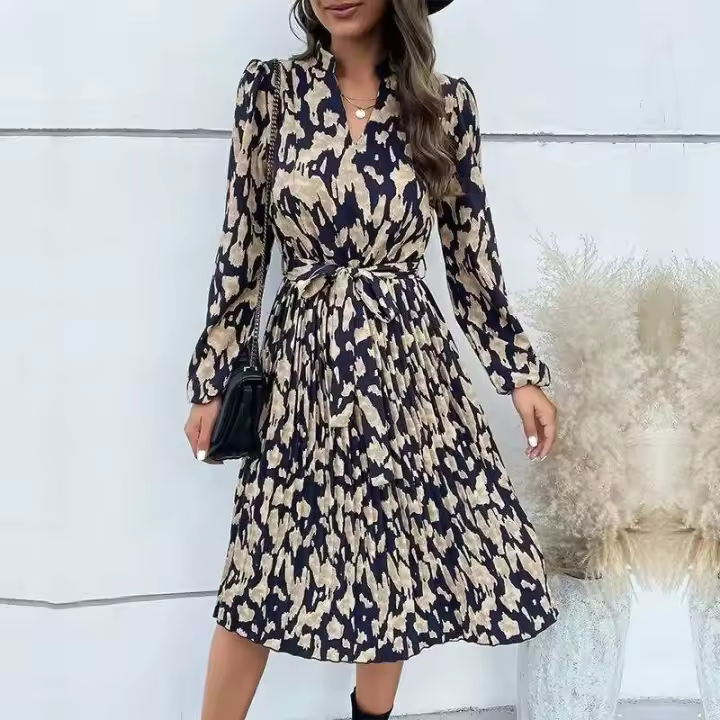 Elegante Vestido de Manga Larga con Estampado de Leopardo Cuello en V, Cintura Ajustada con Lazo, Falda Plisada 100% Poliéster - 1