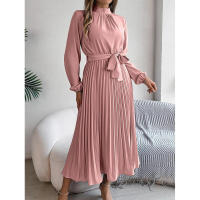 Elegante vestido corto de otoño invierno para mujer, con cuello alto, mangas plisadas y falda larga. - details 3