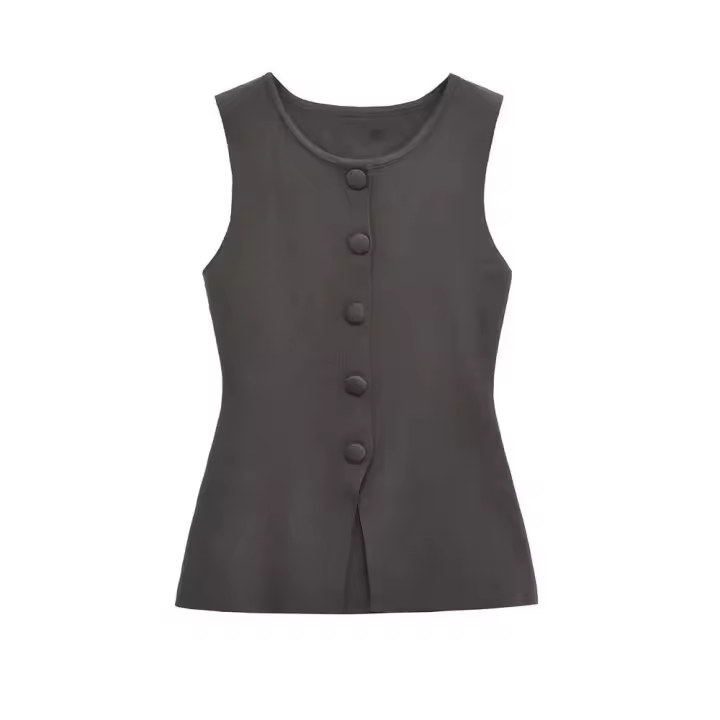 TRAF-Chaleco de punto tipo suéter con botones suaves para mujer, cuello redondo, sin mangas, chaleco de mujer, tops elegantes, moda - 1