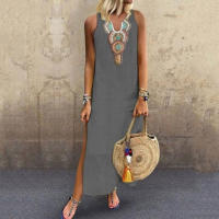 Vestido Casual Bohemio Midi Sundress de Algodón Lineno Suave con Estampado - details 1