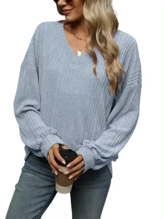 Top para mujer, camiseta holgada lisa con cuello en V, ropa popular coreana elegante de liquidación, años 90 - 1