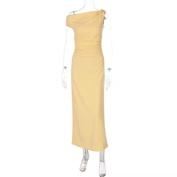 Verano nuevo temperamento de moda color sólido fuera del hombro vestido de cintura plisada de una sola manga - 1