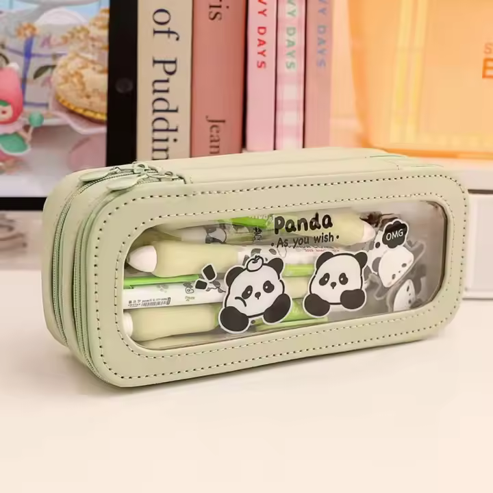 Bolsa de lápices transparente estética, bolsa de lápices de gran capacidad con Panda de aspecto atractivo, bolsa de almacenamiento de papelería con cremallera de PVC, regalo para niños - 1