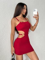Vestido rojo jujube de mujer falda corta hueca en la cintura - details 4