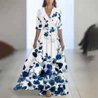 2025 Nueva Ropa mujer, Vestido largo estampado cuello pico, Azul - details 9