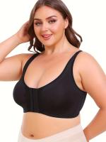 Sujetador deportivo para mujer de talla grande, con cierre frontal, cuello en V, poliéster elástico, color sólido con detalles de encaje, sin relleno, soporte bajo, tejido de punto, para correr y hacer ejercicio - details 7