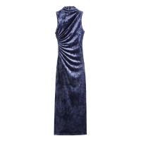 Vestido largo sin mangas con dobladillo dividido por la mitad de terciopelo para mujer, cuello redondo informal plegable, primavera n - details 1