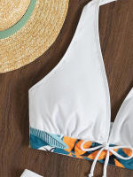 Conjunto de bikini con cuello en V para mujer, bañador Sexy con estampado Floral, traje de baño con cordones, traje de baño de 2 piezas de cintura alta - details 3