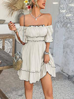 2025 primavera y verano estilo de vacaciones de ocio europeo y americano color sólido borde de hongo vestido de manga corta falda corta para mujer - details 22