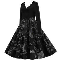 Women plaid print long sleeve vintage a line party dress v neck - details 160