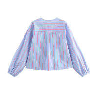 OUWU- Blusas A Rayas Con Cordones Para Mujer, Top Elegante Con Cuello En V Y Manga Larga Con Lazo, Camisa Holgada De Calle Dulce, Novedad De Primavera Y Verano 2025 - details 2