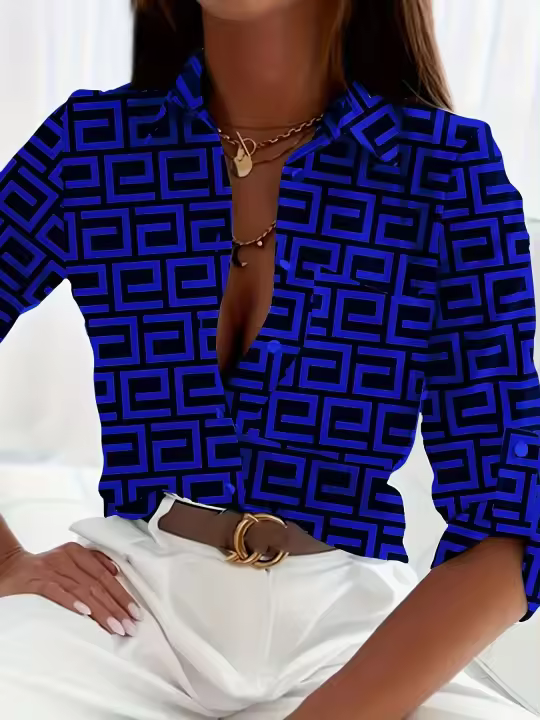 Camisa con botones de manga larga estampada con estampado de mujer, Retro, elegante, calle, oficina, moda, talla grande, solapa diaria - 1