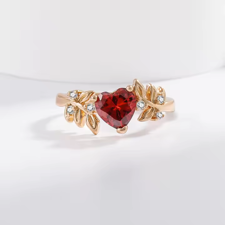 Anillo de diamantes con forma de rama de árbol y corazón de granada roja, estilo francés. - 1