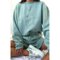 Wind Conjunto de pantalones cortos y sudadera con cuello redondo informal holgado de Color puro para mujer - details 10