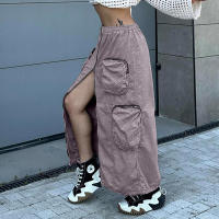 BUNO-Falda larga de cintura alta con cremallera para mujer, faldas Cargo informales con bolsillos grandes, abertura frontal, holgada, recta, Midi, ropa de calle, estilo Safari, 2025 - details 20