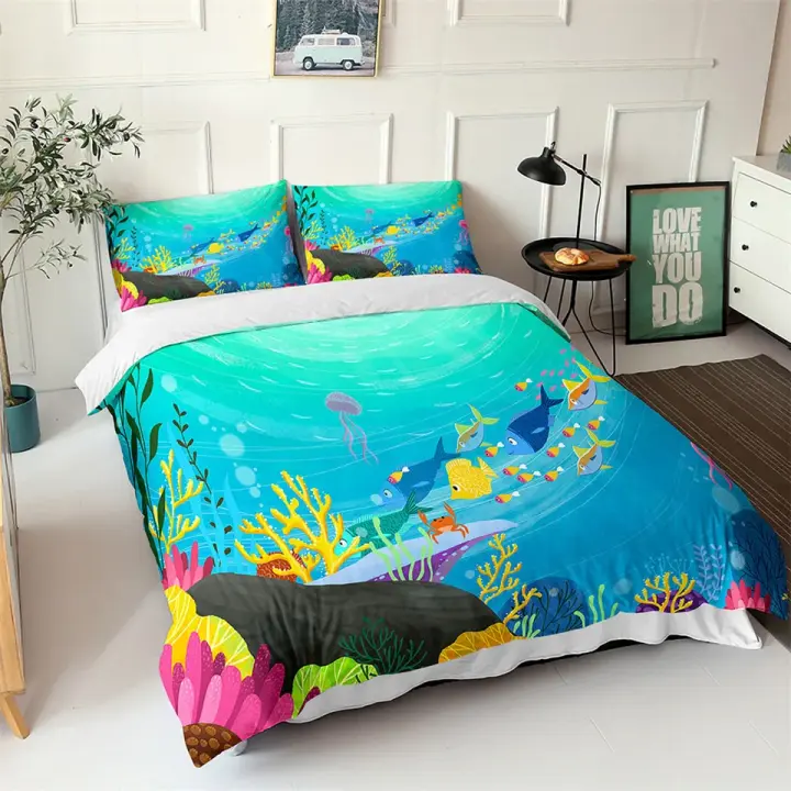 Funda de edredón Juego de funda nórdica con estampado 3D de peces de mar azul, juego de cama para niños, funda de edredón de poliéster suave con paisaje nórdico del océano Queen King - 1
