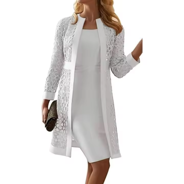 Elegante conjunto de vestido de cárdigan de encaje, moda informal de negocios sin mangas para mujeres. - 1