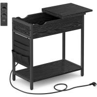 Mesa Lateral Adelgazada con Multienchufe Mesa de Noche para Sala de Estar y Dormitorio en Marrón Rústico y Negro - details 9