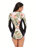 Traje de baño de una pieza con estampado floral de manga larga, traje de buceo y surf de corte alto con cremallera y estampado - details 9