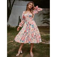 Vestido con cuello cuadrado para mujer, vestidos florales de manga larga, elegante y bonito, - details 6