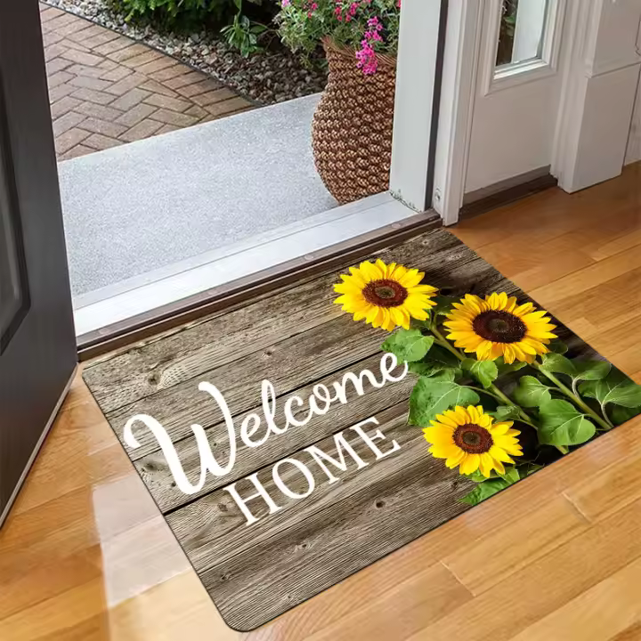 Alfombra de Bienvenida de Girasol Textura de Madera Rústica Patrón de Girasol Vibrante - 1