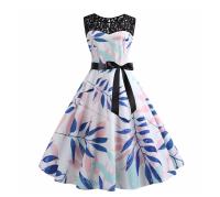 Lace patchwork summer women a line elegant vintage party dress with belt - details 30