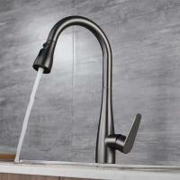Grifo de fregadero de cascada negro gris extraíble grifo de cocina mezclador de agua giratorio de un solo orificio - details 4