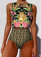 Traje de Baño de Una Pieza Impreso 2024 Talla Grande Push Up Estilo Vintage de Flor - details 0