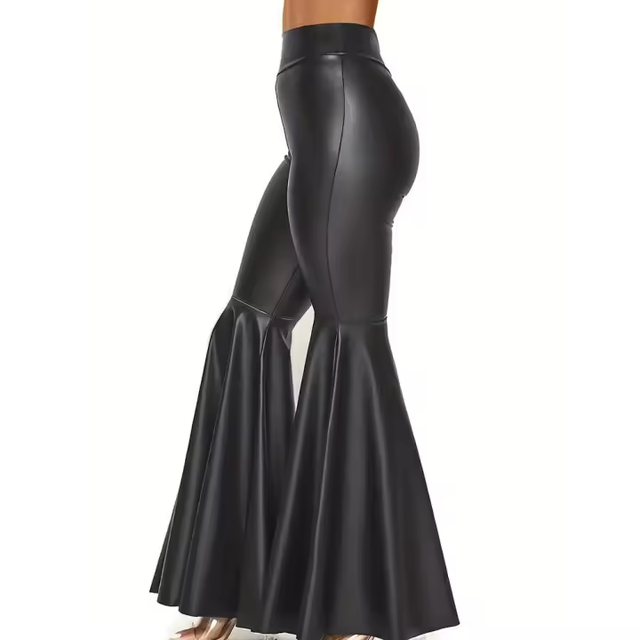 Melena de melocotón pu cuero cintura alta pantalones de cuero mujer pantalones de flare pantalones largos pantalones de mujer - 1