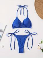 Conjunto De Bikini De Dos Piezas De Moda De Color Sólido, Con Cuello Halter, Triángulo Sin Espalda Y Lazos Laterales - details 3