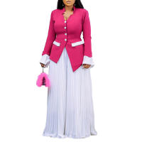 Conjunto de dos piezas de pantalón de pierna ancha plisado y top de manga acampanada de nueva moda de primavera para mujer D553 - details 29
