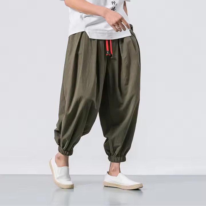 2025 nueva linterna suelta algodón cáñamo apretado hombres ancho Haren pantalones de pierna pequeña - 1