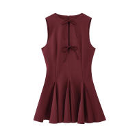 BUNO-Vestidos de fiesta de noche elegantes de primavera para mujer, dobladillo ancho ondulado, lazo decorado, liso, sin mangas, cuello redondo, vestidos de moda - details 4