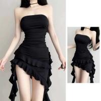 Vestido Negro sin Correas de Moda de Verano Vestido de Manga Irregular con Volantes para Mujeres - details 7