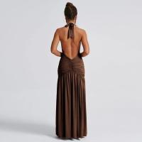 Vestido de noche largo con escote camisola y aberturas laterales pronunciadas con cuello en V, pliegues sin espalda, tejido eam, perfecto para - details 0