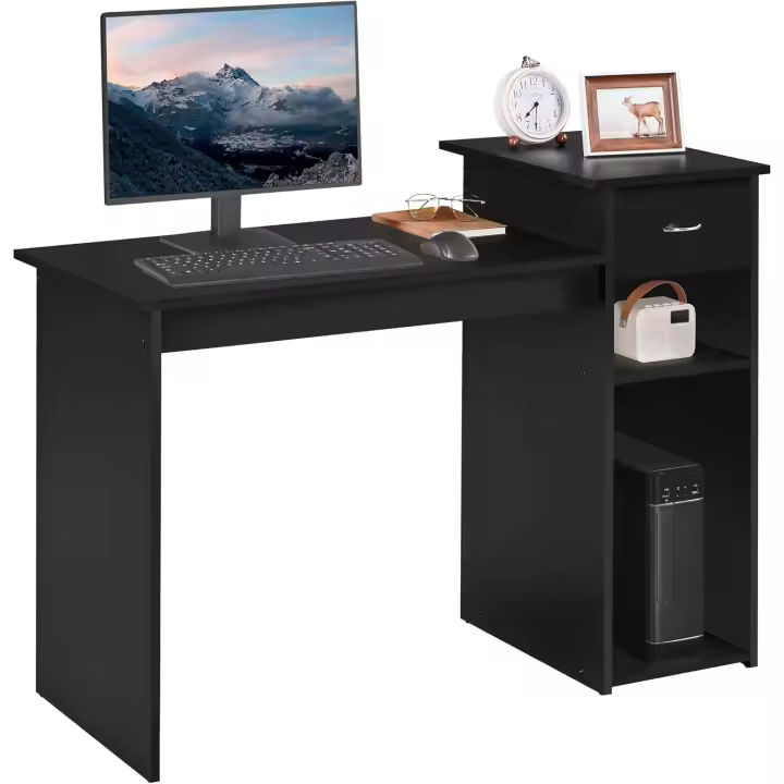 Mesa de Ordenador con Estantería 112x50x82cm Escritorio con Cajon para Computadora Escritorio Oficina Despacho Moderno Negro - 1