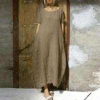 Vestido largo casual de verano para mujer, manga corta, cuello redondo TRE, bolsillos, largo hasta el tobillo - details 6