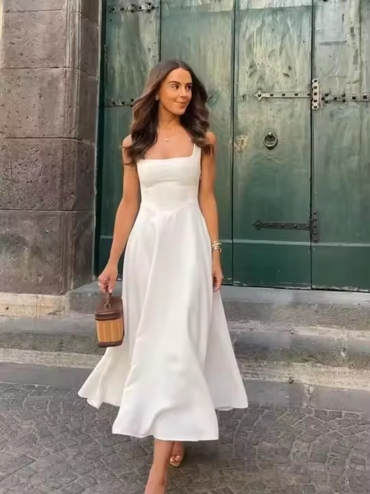 Falda larga suave y elegante, escote cuadrado, cintura alta, dobladillo, espalda a la moda, para primavera, casual - 1
