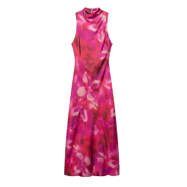 TRAFZA mujeres 2025 primavera seda nueva textura satinada estampado sin mangas vestido Midi femenino ligero de lujo moda elegante vestido largo delgado - 1