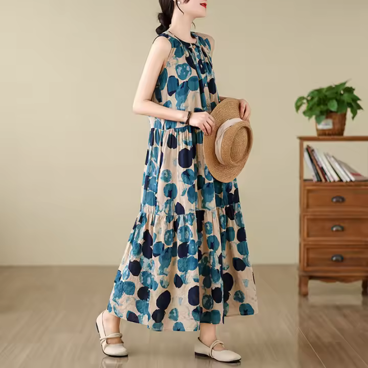 Vestido de Lino de Algodón para Mujer en Talla Grande Bohemia Cuello Redondo Sin Mangas Falda Larga de Ajuste Suelto Estampado - 1