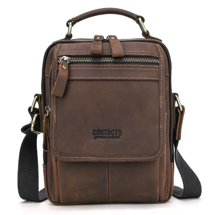 Bolso de Mensajero para Hombres CONTACT'S Crazy Horse de Cuero Vintage Bolso de Mano para iPad de 7.9" Bolso de Hombro de Alta Calidad Bolso Cruzado Material Exterior de Cuero Material de Lining de Poliéster Adecuado para Primavera/Verano - 1