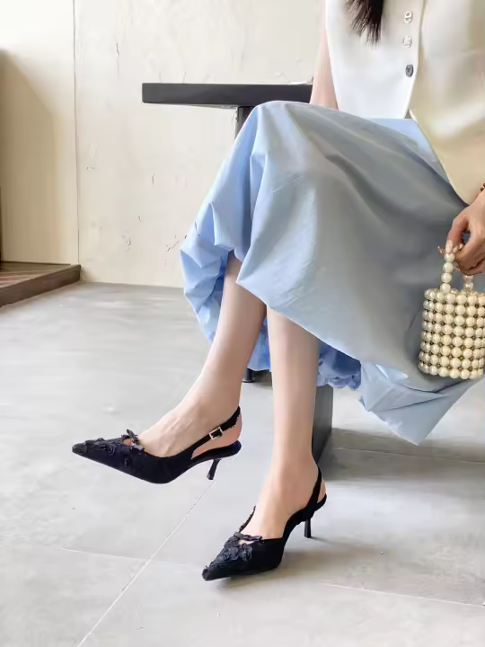 Bolsa de alta costura francesa sandalias de cabeza feminidad socialite encaje puntiagudo tacón fino con zapatillas geniales de tacón alto - 1
