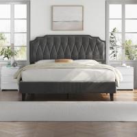 Tapizado en terciopelo Cama de matrimonio con cabecera ajustable en altura Marco de cama Soporte con listones de madera 160 × 200 cm Beige - details 36