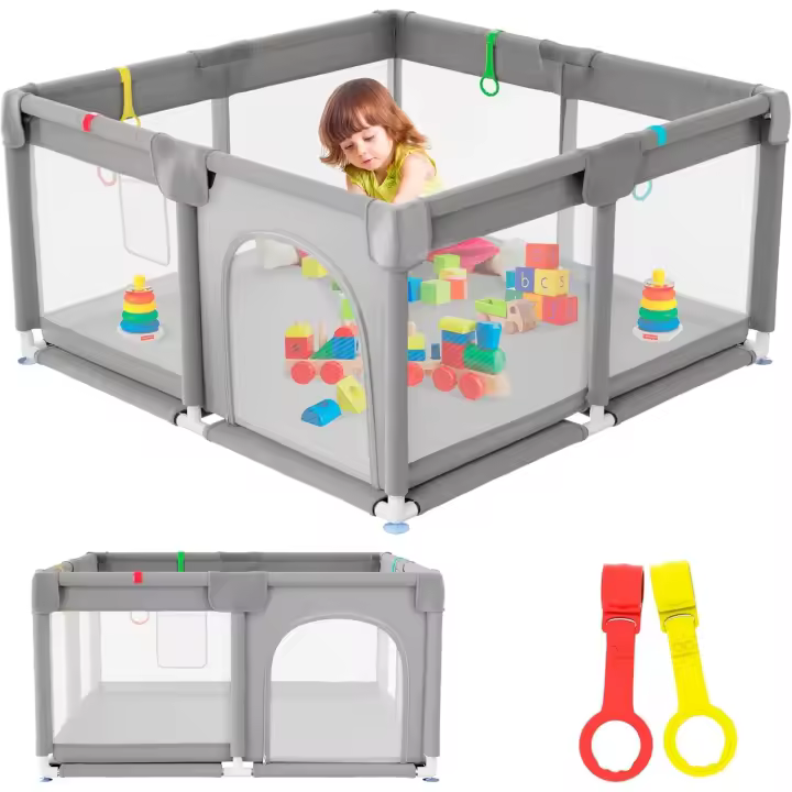 Parque Infantil Bebe 120x120cm + 2 Agarraderas – Corralito Bebe con Malla Transpirable – Parque de Juegos Bebe con Puerta Lateral – Parque Infantil Bebe - Gris - 1