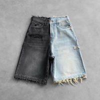 Pantalones Cortos de Denim Rasgados Estilo Hip Hop Verano Negro, Diseño Relajado Callejero Vintage con Borde Raw - details 5
